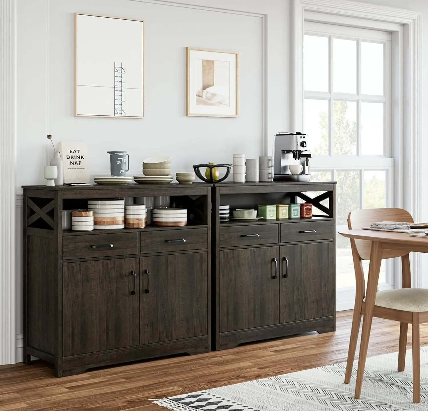 Farmhous Sideboard, Kitchen Storage Cabinet with Shelves, Doors and with Drawers, Coffee Bar, Floor  Cupboard for Dining Room