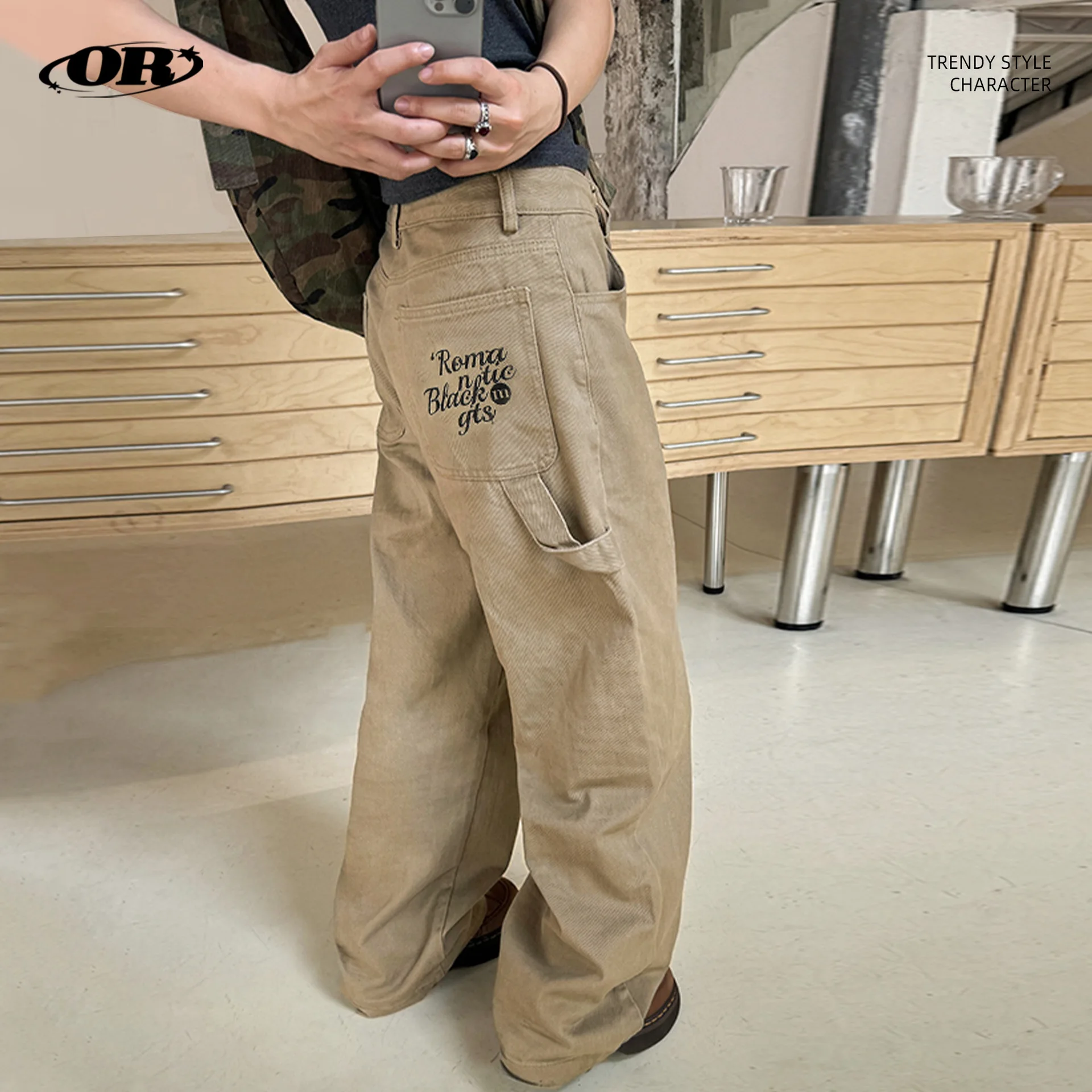 

OR FL Retro Embroidery Work Pants Belt Design Sense 100 Cotton Women Trend Wide Legs Thickened Staraight Casual Cargo Trousers