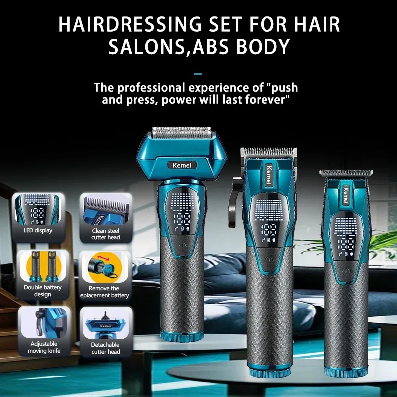 ماكينة قص الشعر الاحترافية من Kemei، ماكينة تشذيب الشعر اللاسلكية القابلة لإعادة الشحن، ماكينة حلاقة كهربائية لقص الشعر للرجال