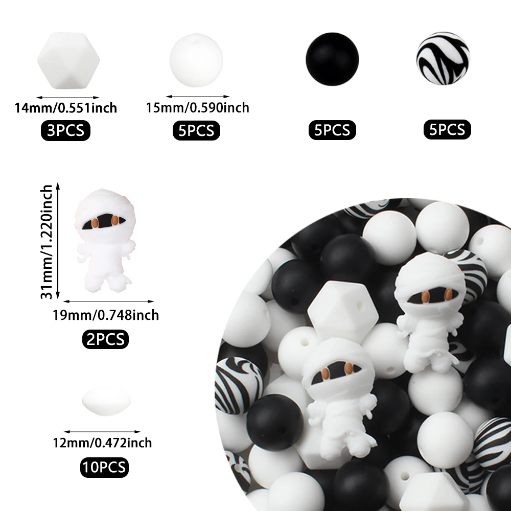 30Pcs Halloween Theme 3D Silicone Beads Cute Mummy Focal Beads Perfect for Jewelry Making DIY KeyChain Bag Accessory
