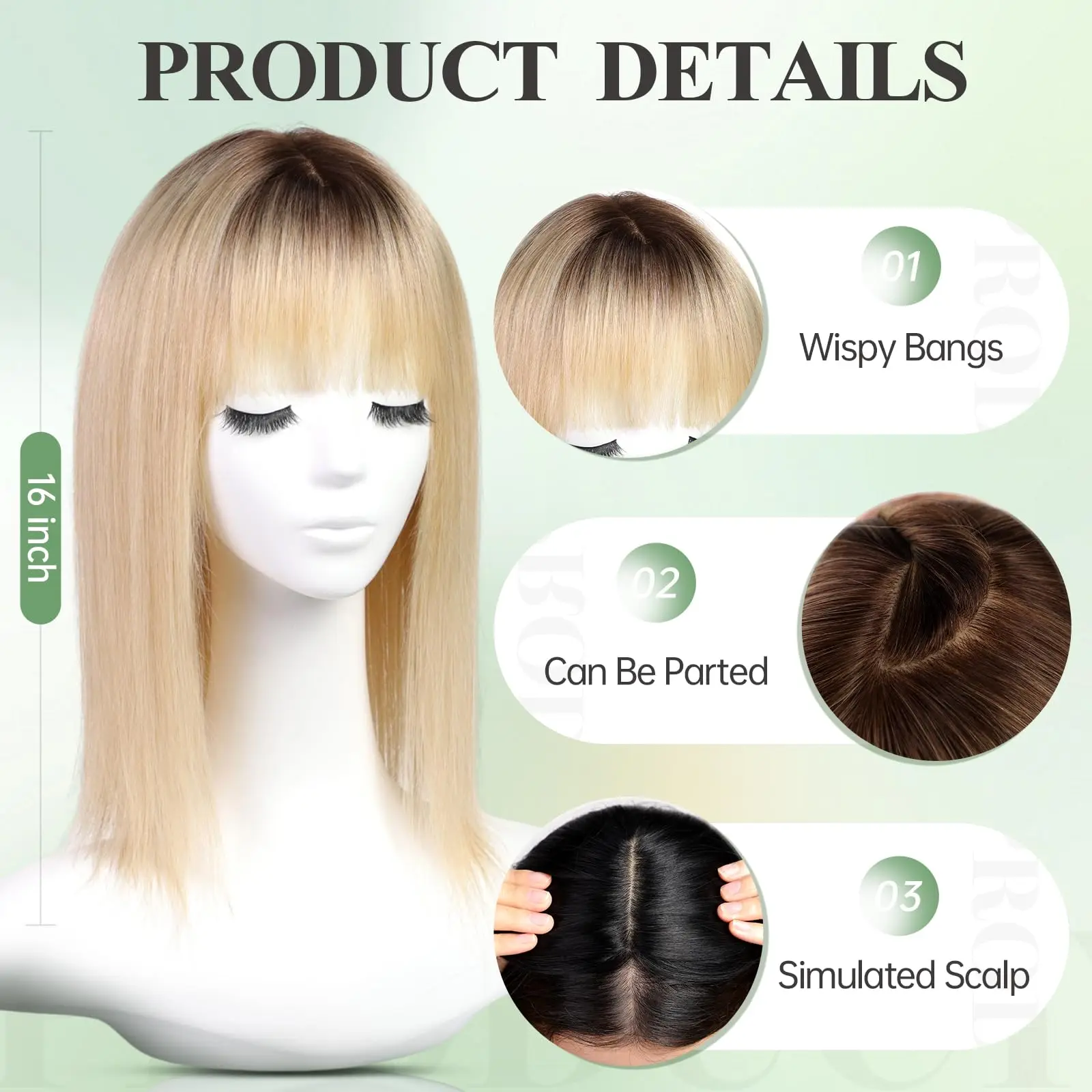 Rambut Asli Remy Lurus 16 Inci untuk Wanita, Ekstensi Rambut Pirang dengan Akar Gelap, 3 Jepitan di Bagian Rambut