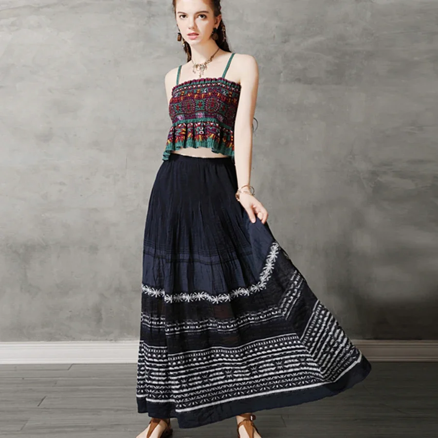 Pleated Maxi skirt for women Navy cotton Floral Embroidery beach summer skirt gypsy A-line Elastic waist long boho skirts Falda