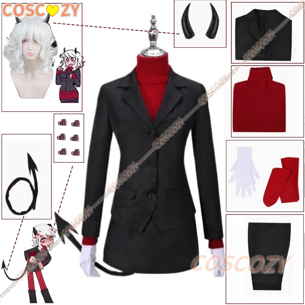 

Game Helltaker the Lustful Demon Modeus Cosplay Costume Wig Hairclips Women Halloween Adult Black Red JK Uniform Tail Stockings