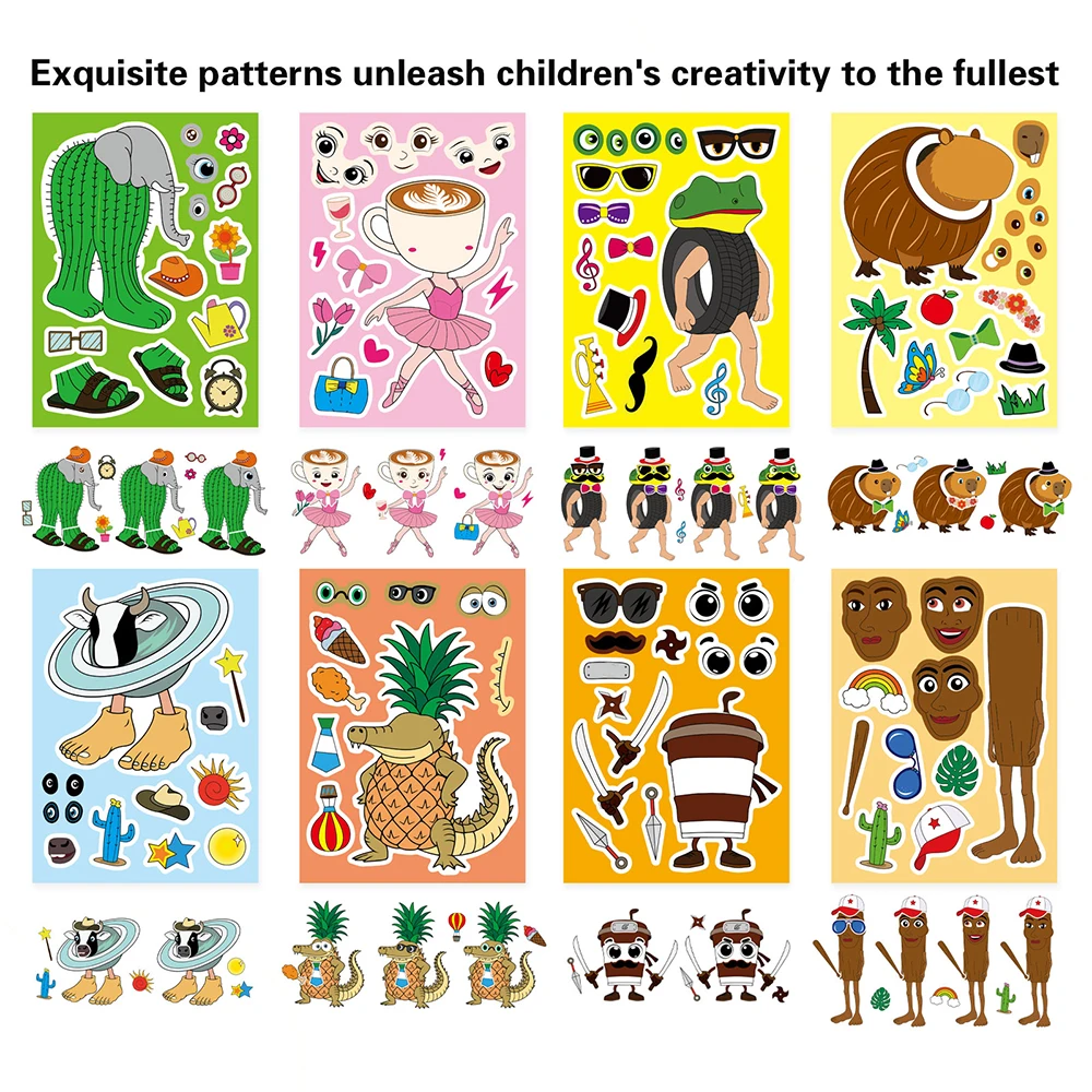 

8/16sheets Funny Abstract Animal Make a Face Puzzle Stickers Tung Tung Sahur Assemble Jigsaw Cartoon Decals for Kid Party Gift