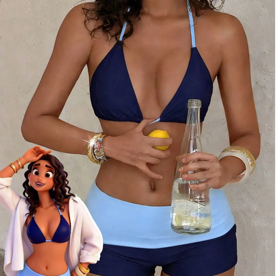 

Women Navy Light Blue Color Block 2 Piece Swim Set Thin String Triangle Bikini Top Fold Over Waist Boy Shorts Beach Swimwear