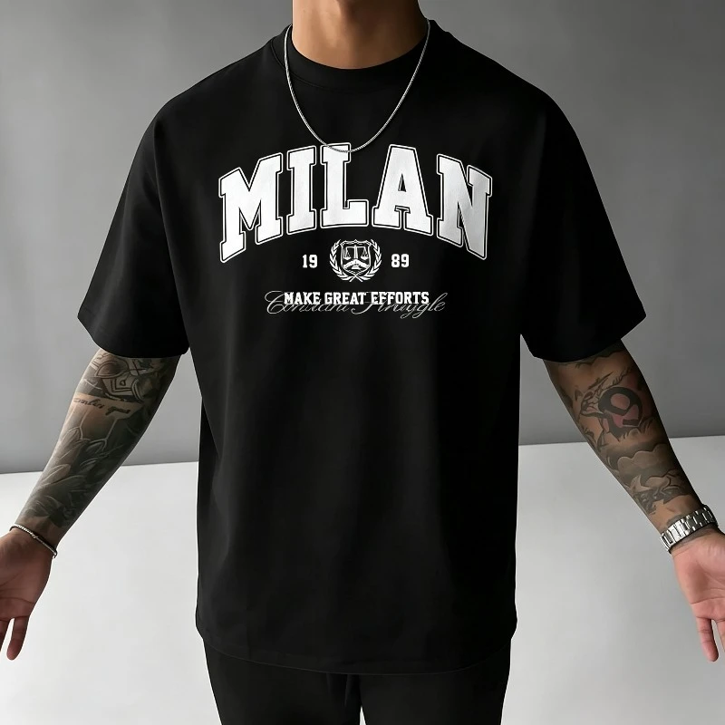 MILAN 19 89 MAKE GREAT EFFORTS Crest Shield Print T-shirt, Modal Crew Neck Tee, Men Vintage Streetwear for Daily Urban