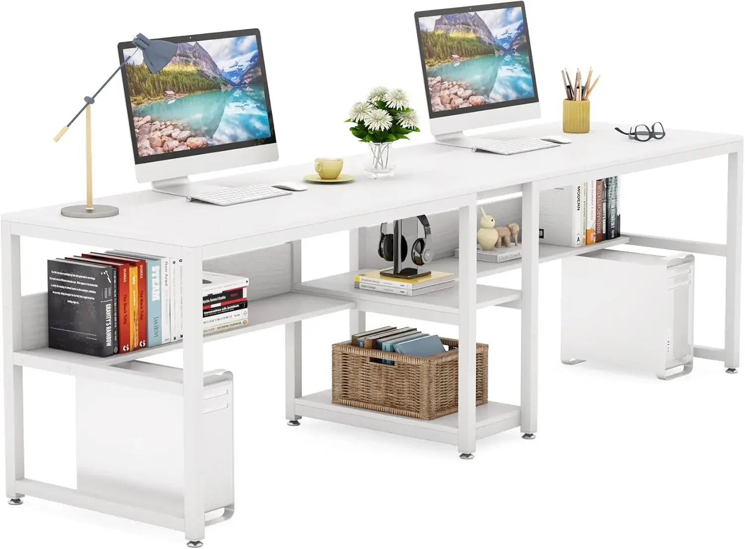 Two Person Desk with Bookshelf, 78.7 Computer Office Double Desk for Two Person, Rustic Writing Desk Workstation (White)