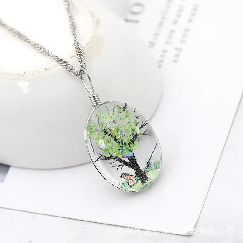 Vintage style double-sided glass crystal plant life tree trunk flower butterfly pendant lady immortal flower necklace