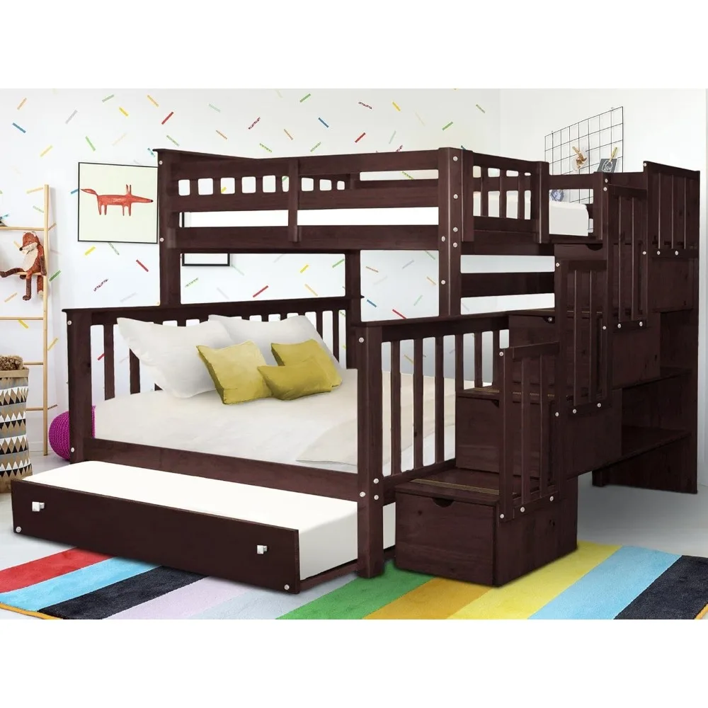 Bunk Beds Twin over Full with 4 Drawers in the Steps and a Full Trundle, Dark Cherry