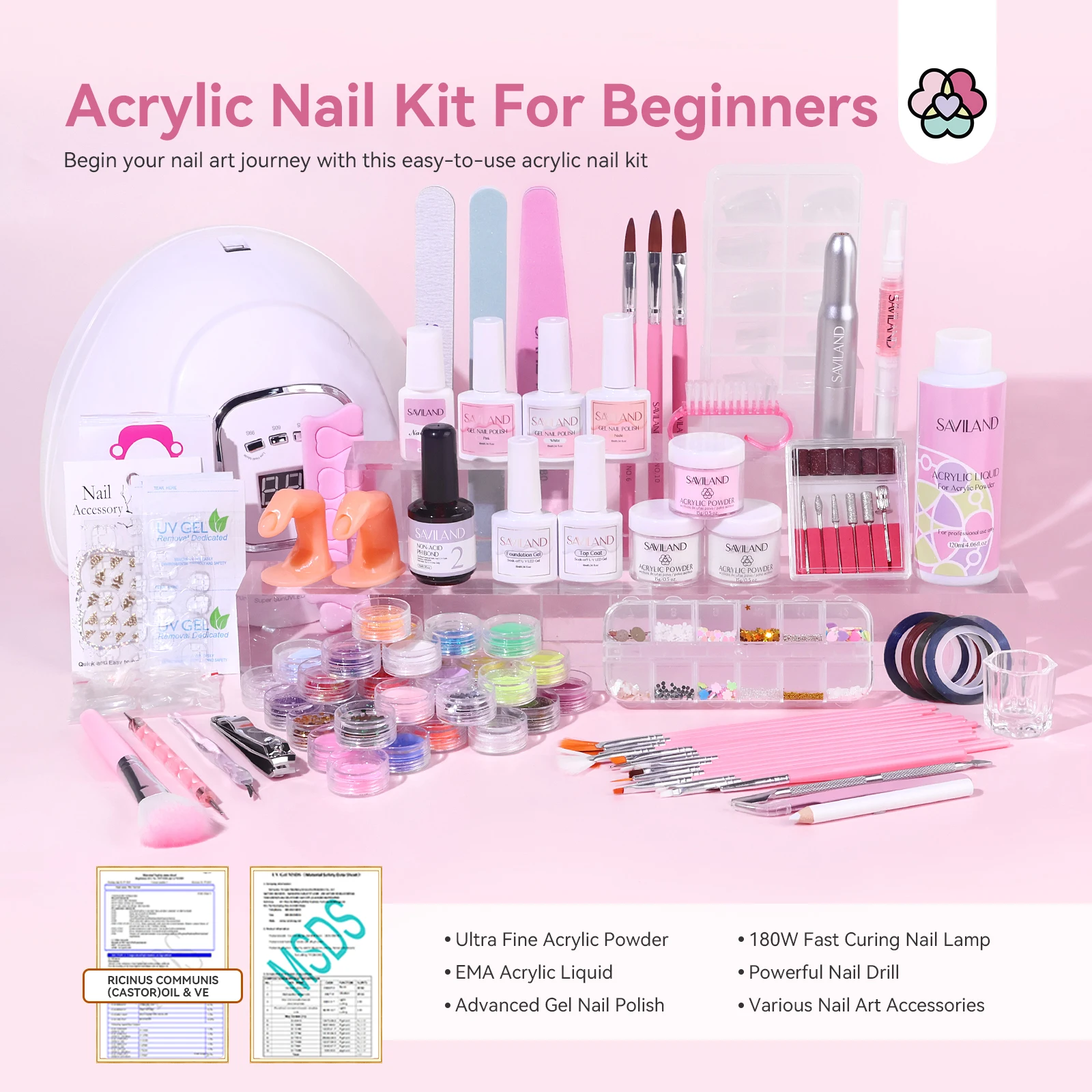 Saviland Beginner Nail Kit Complete Set with Keratin Acrylic Powder 180W UV Lamp Nail Drill Everything for Home DIY Starters