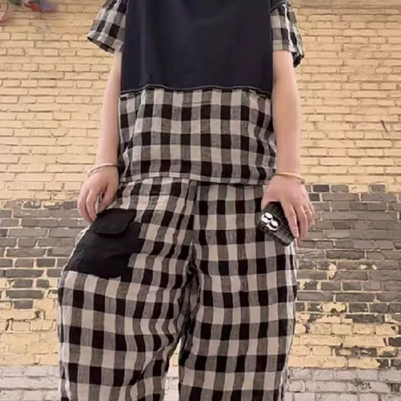 2025 New Spring Retro Cotton Linen Womens Two Peice Sets Fashion Splicing Plaid Short Sleeved Top and Casual Loose Pants Set