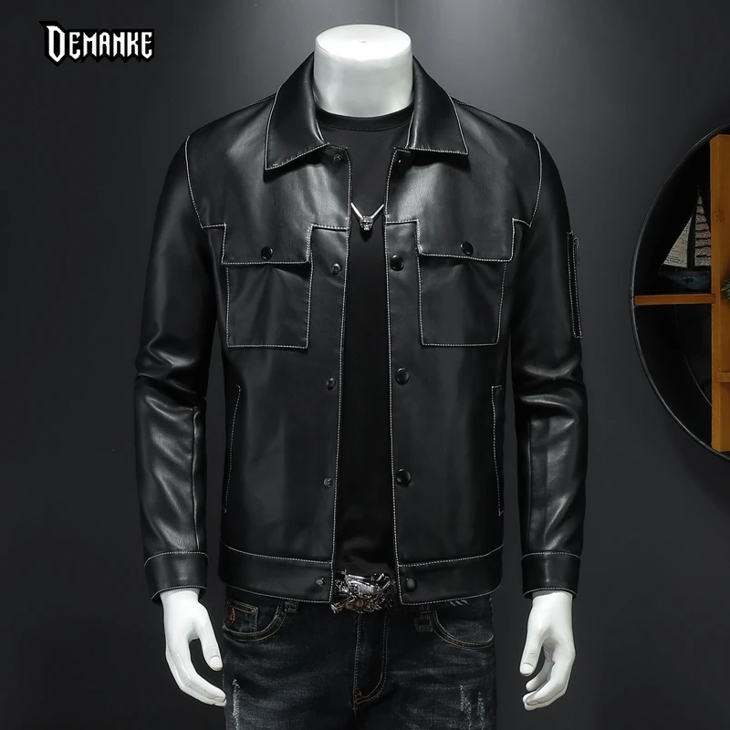 

3D 2023 Mens Faux Leather Jacket Slim Fit Stand Collar Pocket PU Anti-wind Motorcycle Lapel Diagonal Zipper 5XL