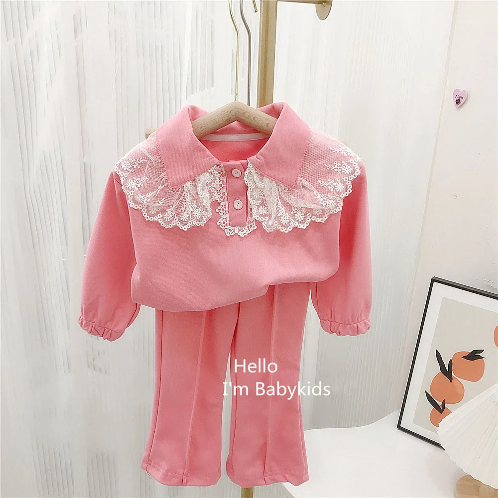 

Casual Kids Girls Sweatshirt Clothes Sets Spring Sweet Lace Collar Pullover Tops Coats+Flared Pants 2Pcs Children Clothes Suit