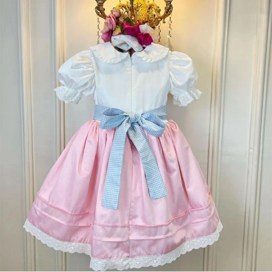 0-12Y Baby Girl Summer Pink Rabbit Embroidery Turkish Vintage Lolita Princess Ball Gown Dress for Birthday Holiday Casual Eid