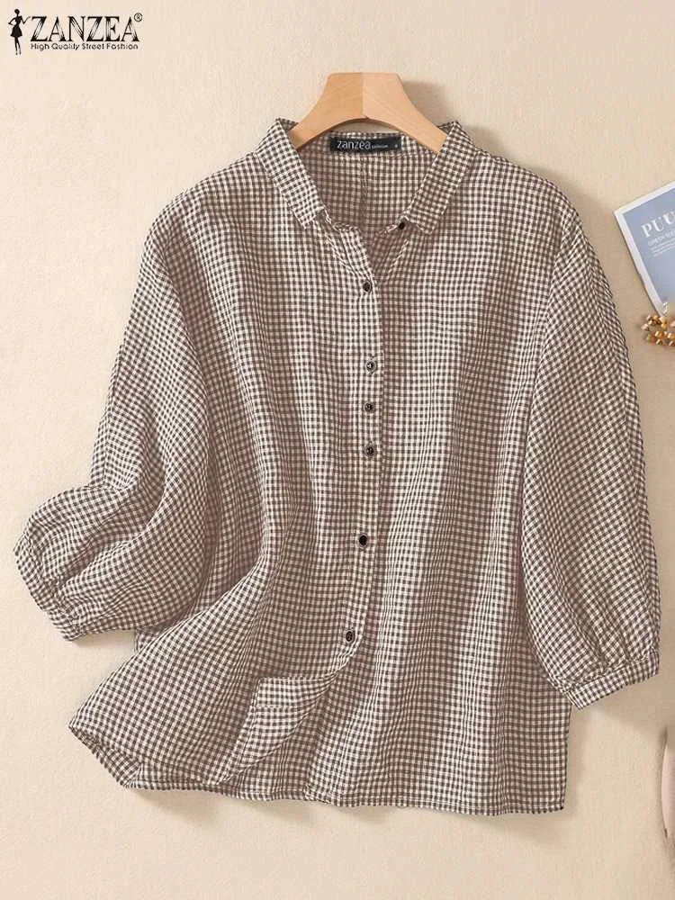 2024 ZANZEA Summer Blouse Women Fashion 3/4 Sleeve Checked Shirt Elegant OL Work Tops Female Tunic Chemise Casual Holiday Blusas