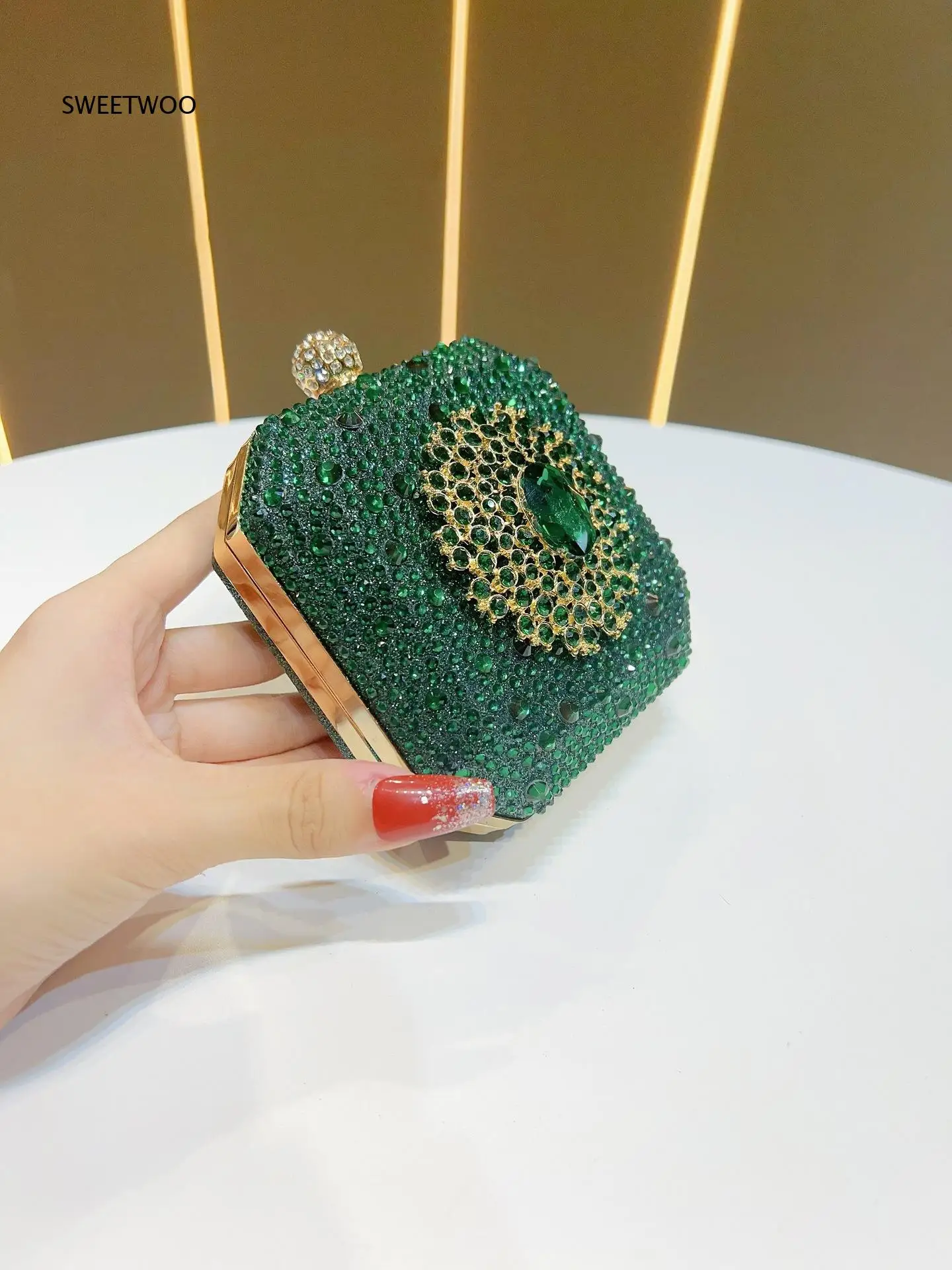 Square Green Crystal Evening Bag For Women Full Rhinestone Inlay Gemstone Accent Wedding Party Handbag