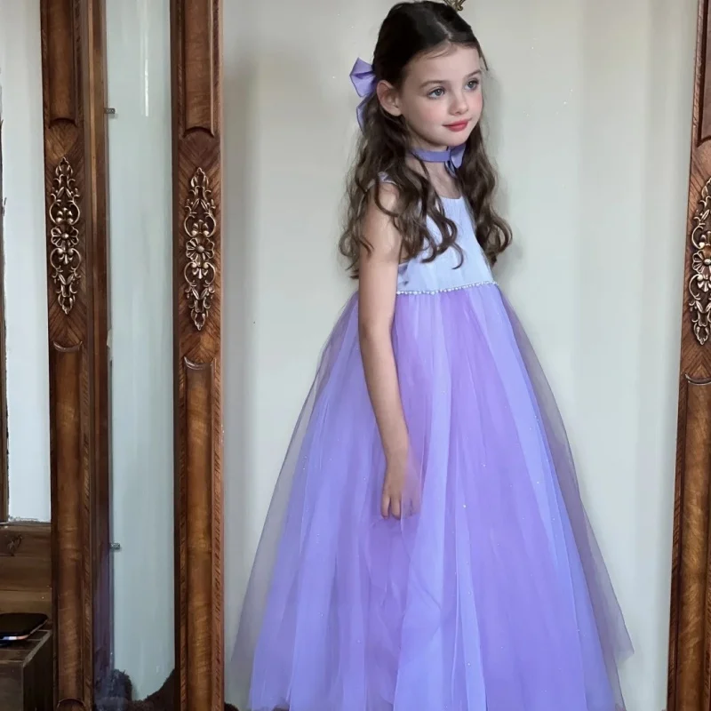

Детское лавандовое платье из фатина 2026 года, сатиновое, с жемчужной отделкой на талии, для девочек, для свадеб и вечеринок, фиолетовое, сетчатое, длинное, нарядное
