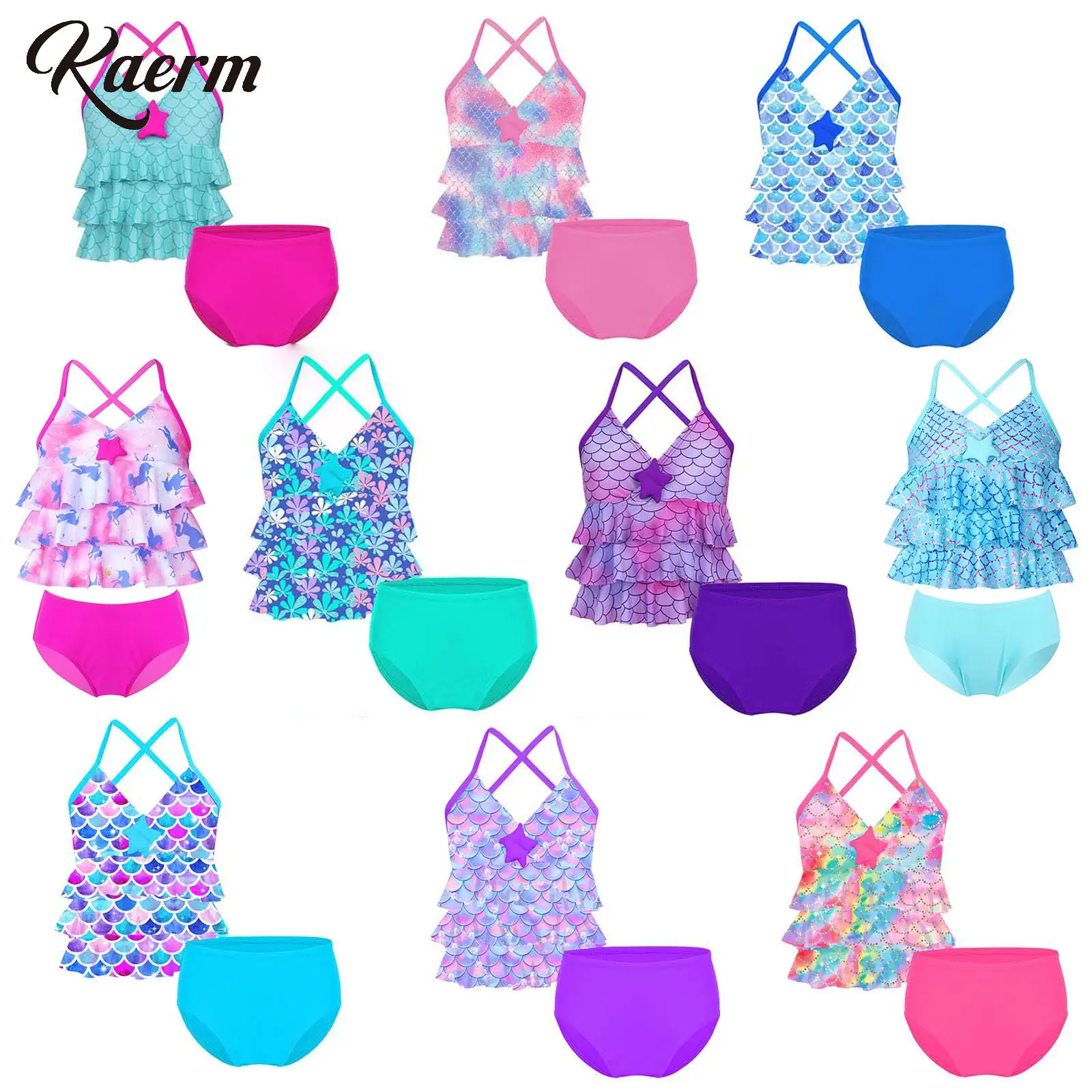 Kids Girls Mermaid Bikini Set Crisscross Back Ruffles Tank Top with Brief Beach Bathing Suit Swimwear Swimsuit Surfing