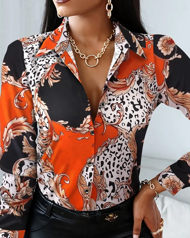 Damenhemd mit Revers, Print, Knopfleiste vorne, lange Ärmel, schmale Passform, lässige Bluse – Detail 16