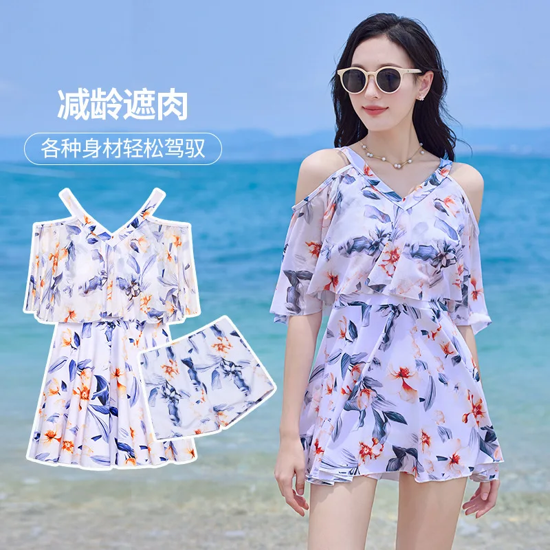 Japanese Style Women's Swimsuit New Printed Off-shoulder Sleeveless Mesh Swimsuit Dress Split Pants Vacation Hot Spring