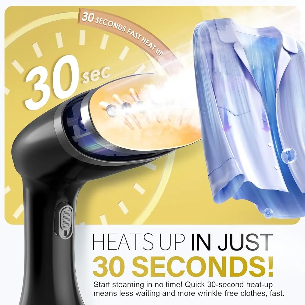 Vaporizador de ropa portátil de 1800W, vaporizador de ropa portátil de calentamiento rápido, tanque de 380ml, 3 ajustes de vapor, uso en viajes, cepillo para pelusas incluido