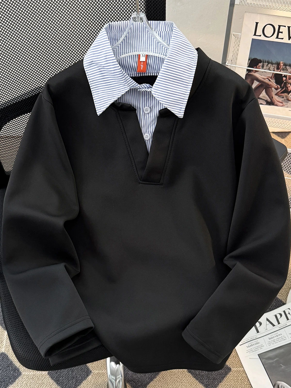 Autumn Men Fake Two Pieces Top Fashion Striped Lapel Splicing Sweatshirt Korean Casual Loose Male Long Sleeve Pullover Tops