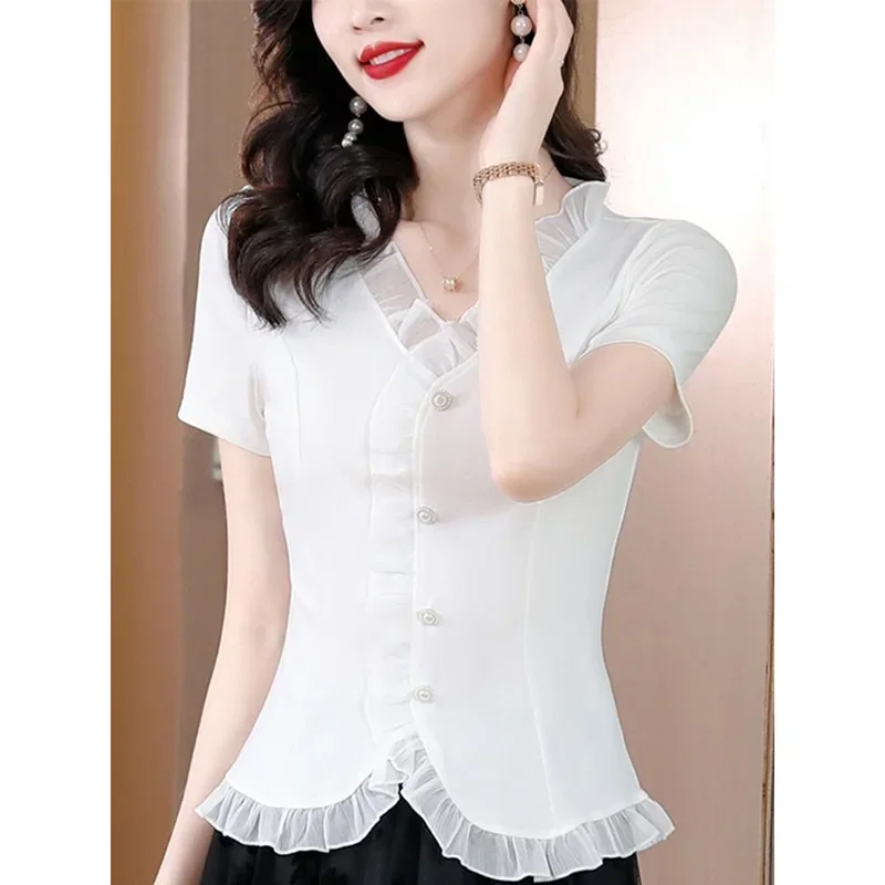 

Women's Clothing 2025 Summer New Casual Tops Loose Office Lady Blouse Elegant V-Neck Spliced Solid Color All-match Ruffles Shirt