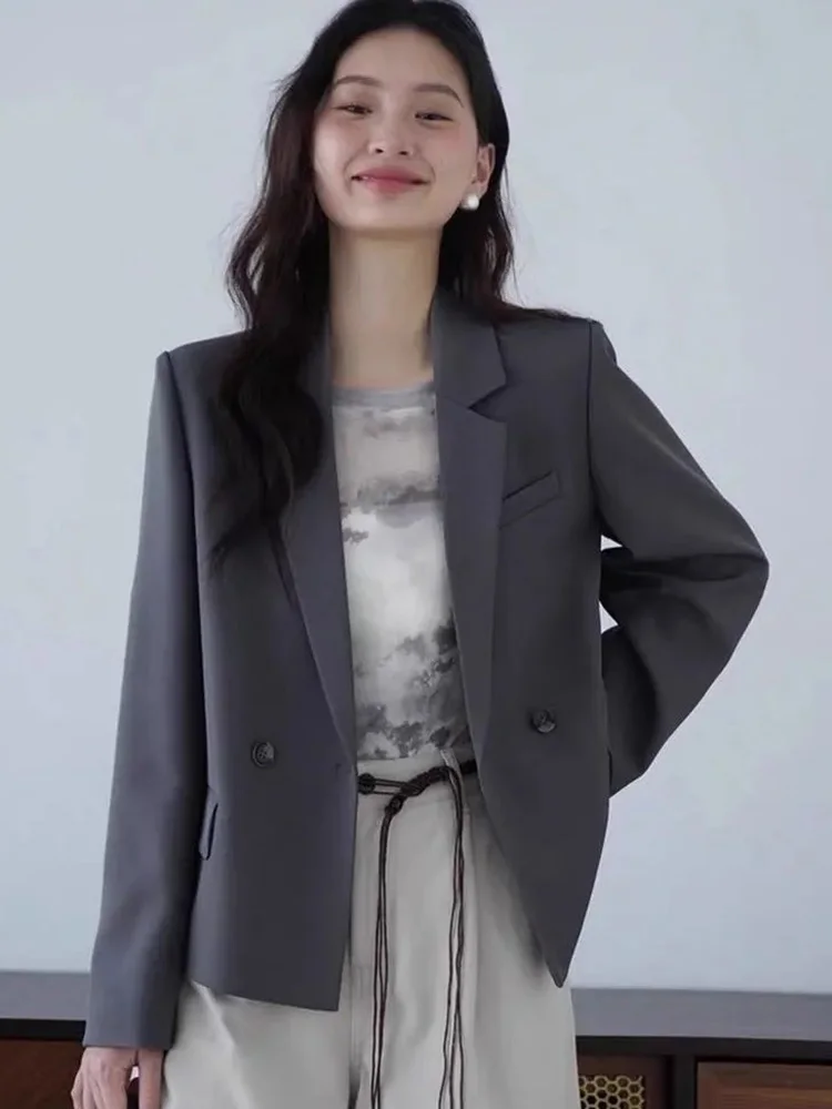 Elegancka, dopasowana marynarka damska w stylu vintage, koreańska, z długim rękawem, casualowy żakiet, retro, gładka, prosta, zapinana na podwójne guziki, do biura.