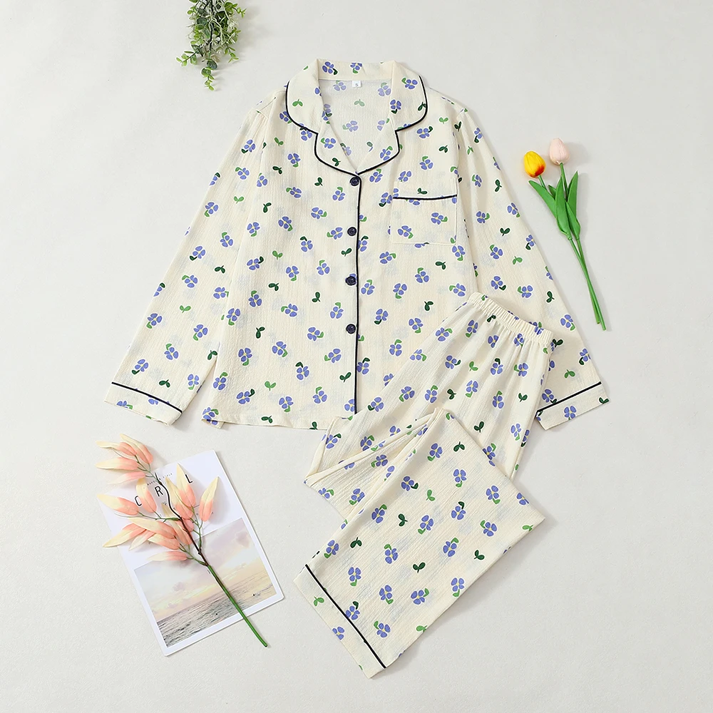 

Женский пижамный комплект из 2 предметов, удобные брюки с длинными рукавами для отдыха, однобортная одежда для дома, новинка 2023 года на осень-зиму