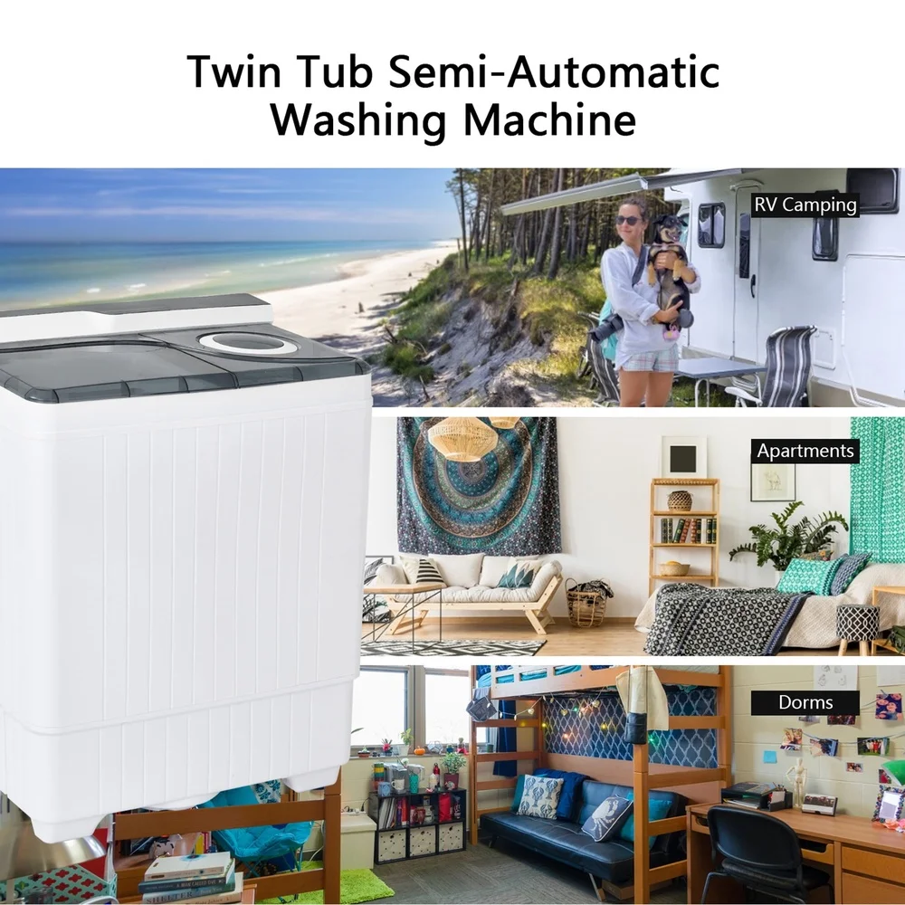 Portable Twin Tub Washing Machine 26 lbs Compact Semi-Automatic Laundry Washer with Powerful Motor Built-in Drain Pump Ideal
