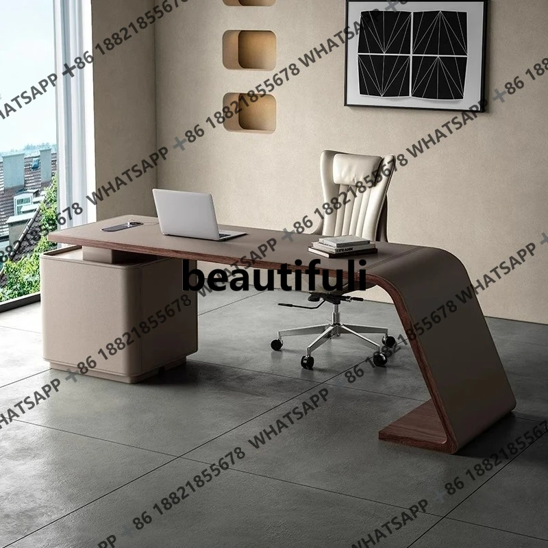 

Retro style saddle leather desk premium computer modern minimalist solid wood desk