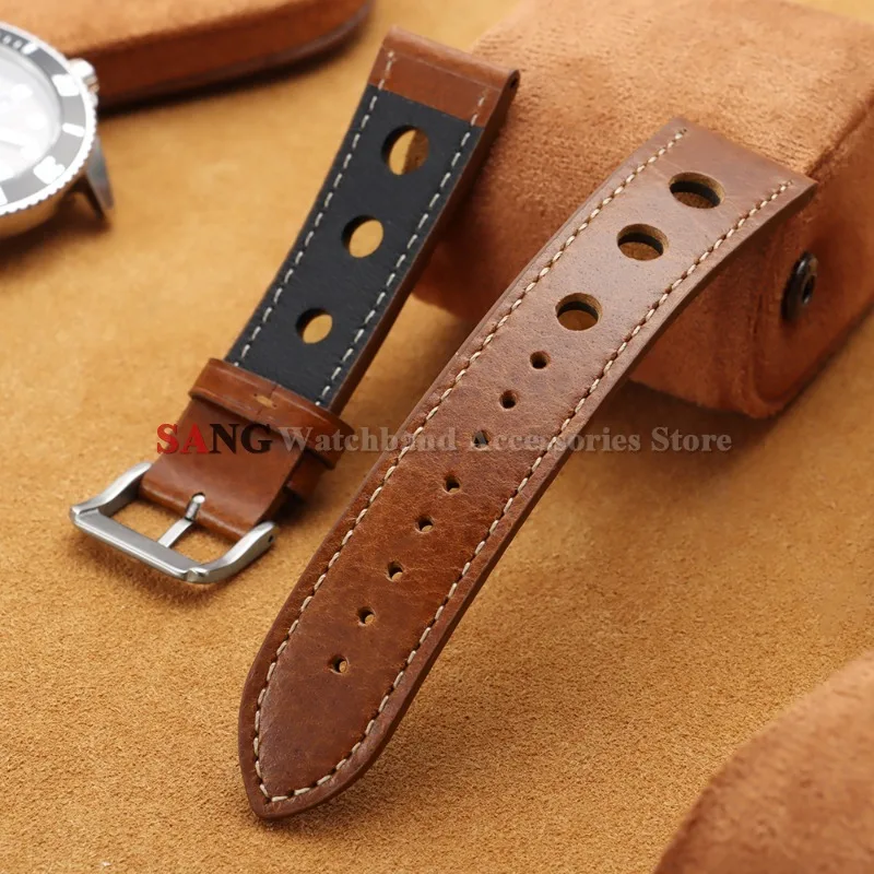 20mm 22mm Vintage Business Leather Watchband Soft Replace Sport Watch Strap Oil Wax Cowhide Bracelet Porous Breathable Wristbelt