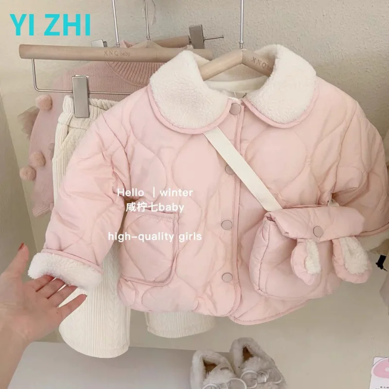 Girls Cotton Jacket WinterKorean Style Childrens Plush Cotton Jacket Fashionable Sweet Winter Outfit Thickened Warm Jacket