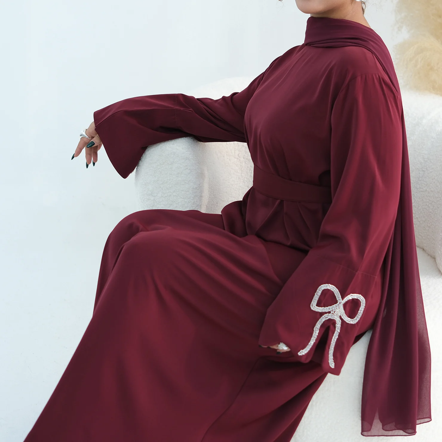 Diamonds Bow Accent Relaxed-Regular-Fit Sleek Dubai Abaya Muslim Long Women Dress Islam Hijabi Robe-Round Neck, Side Pockets