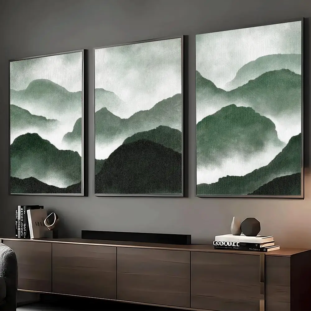 Misty Emerald Mountains Painting Calligraphy Canvas Wall Art Print Set | Living Room Bedroom Aesthetics Decor Gift