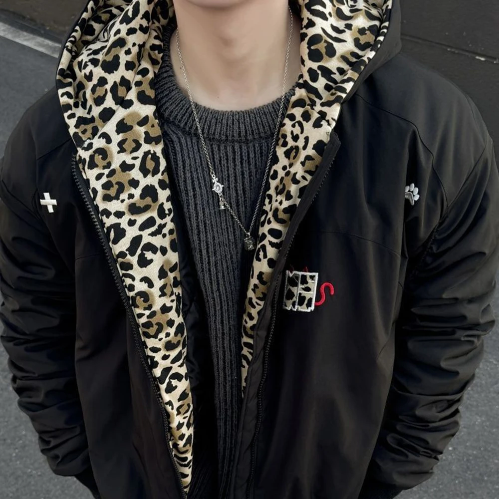 Men Winter Imitation Silk Cotton Jacket Warm Leopard Print Casual Jacket Streetwear Fashion Embroidered Outerwear Men'S Clothing