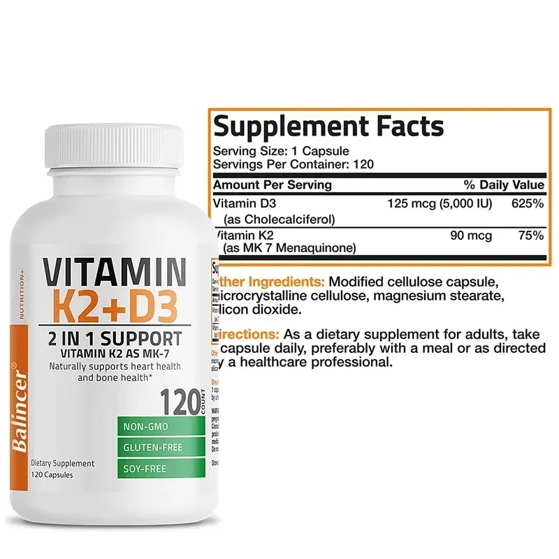 Vitamin D3 K2 Capsule MK-7, Regulates Calcium Metabolism, Supports Bone Heart Health, Immune System