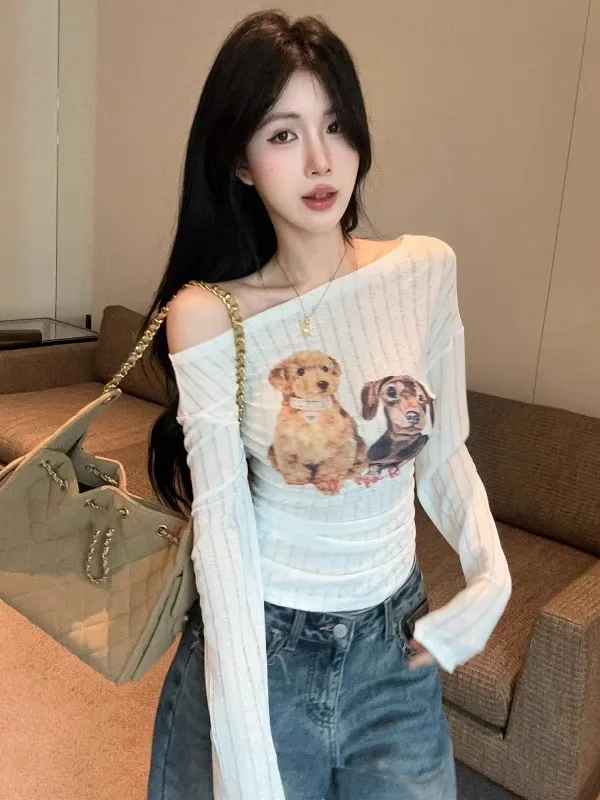 

Sexy Pure Desire Shoulder Bared Long Sleeve Knitted Slim Fit Thin T Shirt Women Early Autumn Unique Beautiful Sun Protection Top