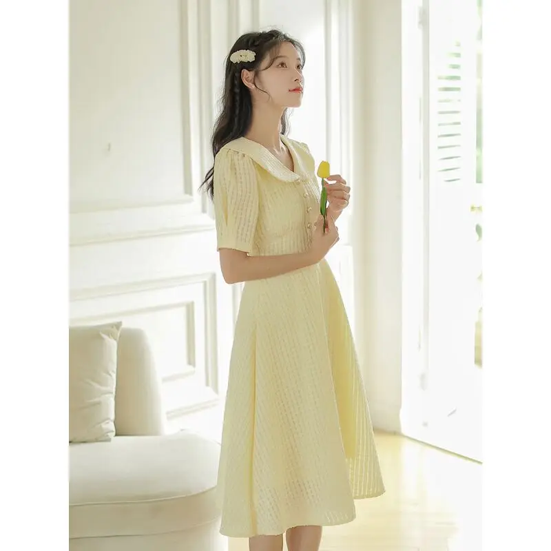 Pearl Buttons Puff Sleeve Preppy Style Knee-length Dresses Summer Peter Pan Collar Solid Pullover Women's Clothing Small Fresh