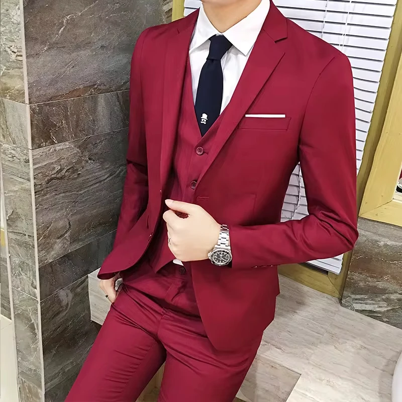 

Spring Autumn New Fashion Men's Solid Color Slim Suit Sets Casual Trendy Business 3 Pieces Sets Blazers Waistcoat Pants Male