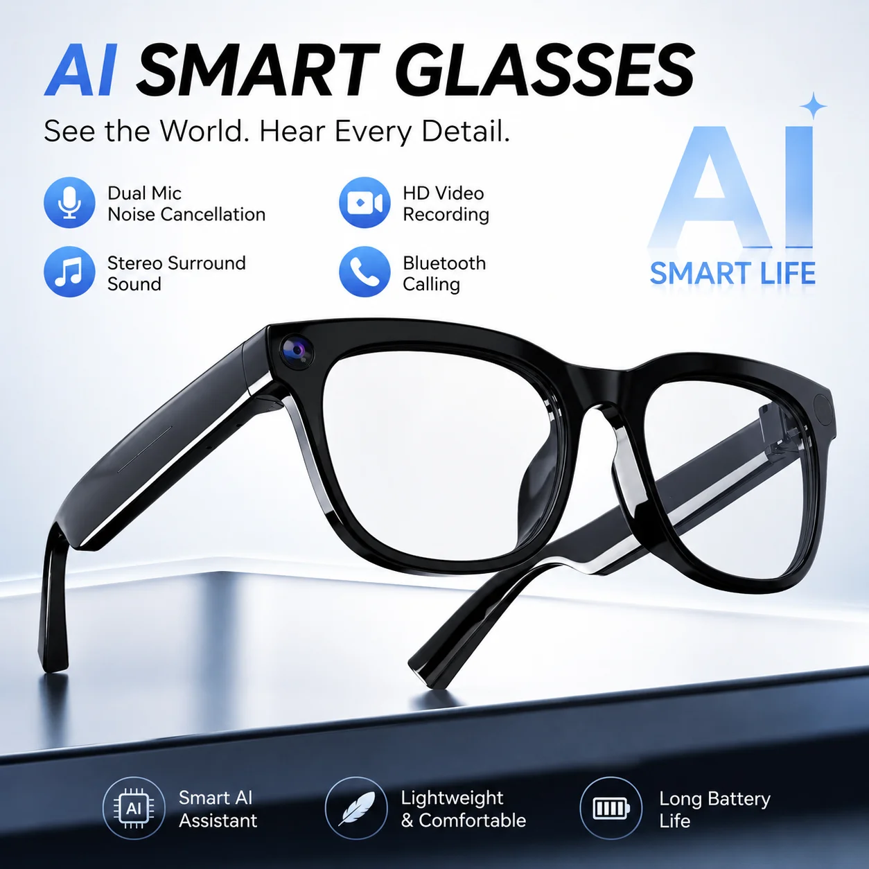 AI Smart Glasses with Camera Bluetooth Audio Calling Dual Mic Noise Cancelling Stereo Surround Sound Hands-Free Video Recording