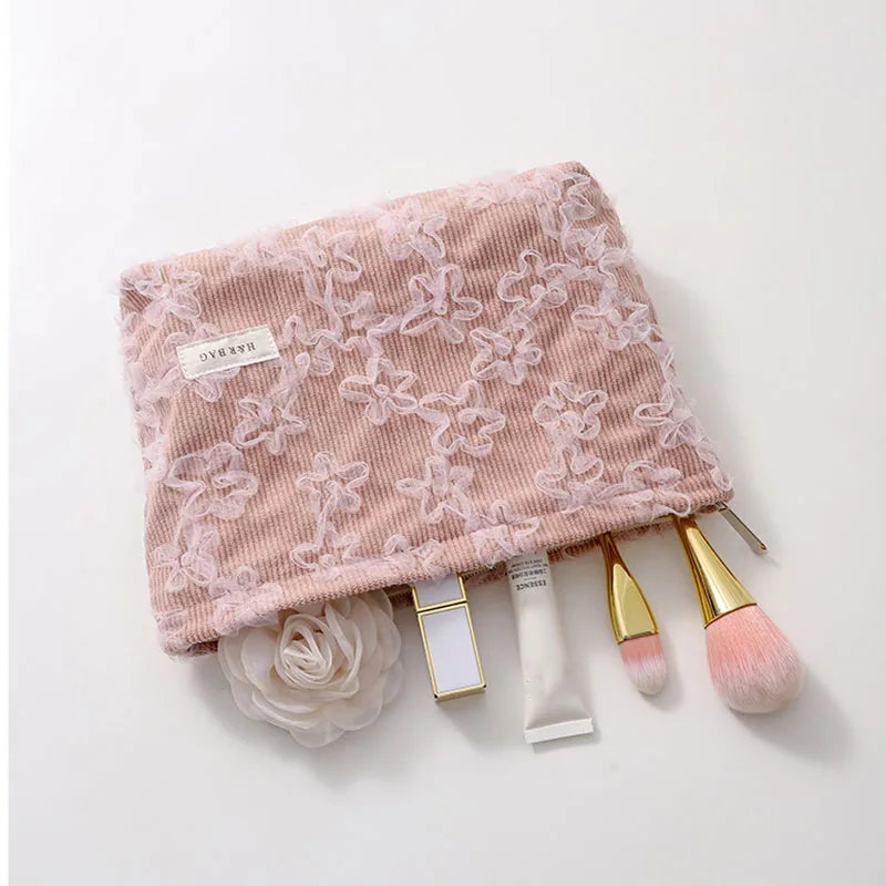 Corduroy Lace Three-dimensional Embroidered Cosmetic Bag Female Makeup Bags Women Clutch Bag Makeup Pouch Case Travel Organizer