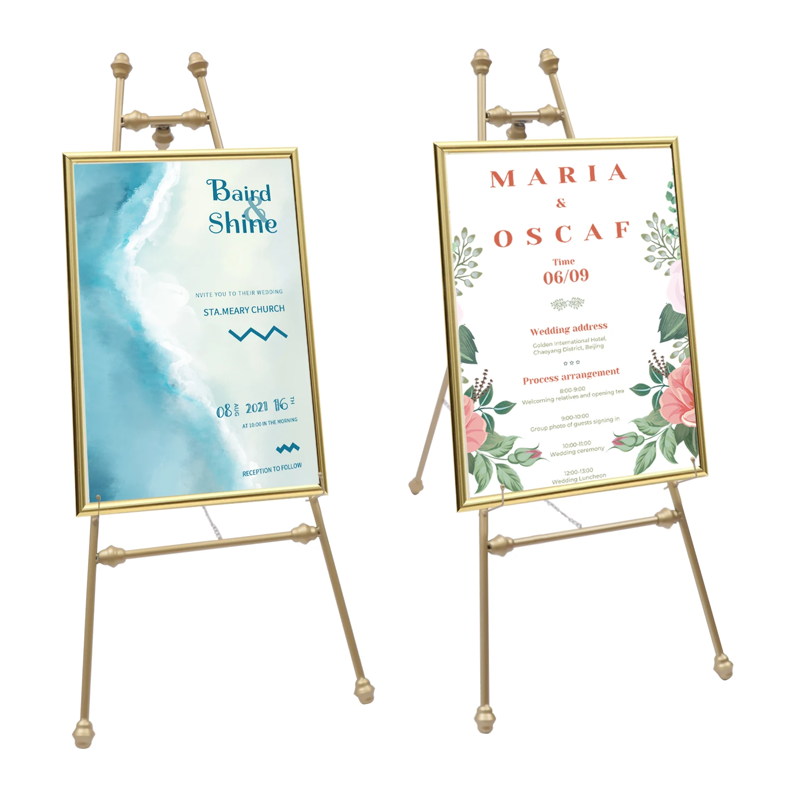

2Pcs Metal Portable Floor Easel Stand for Decorative Display 46.5 inch Golden Wedding Easel Stand with Adjustable Hooks