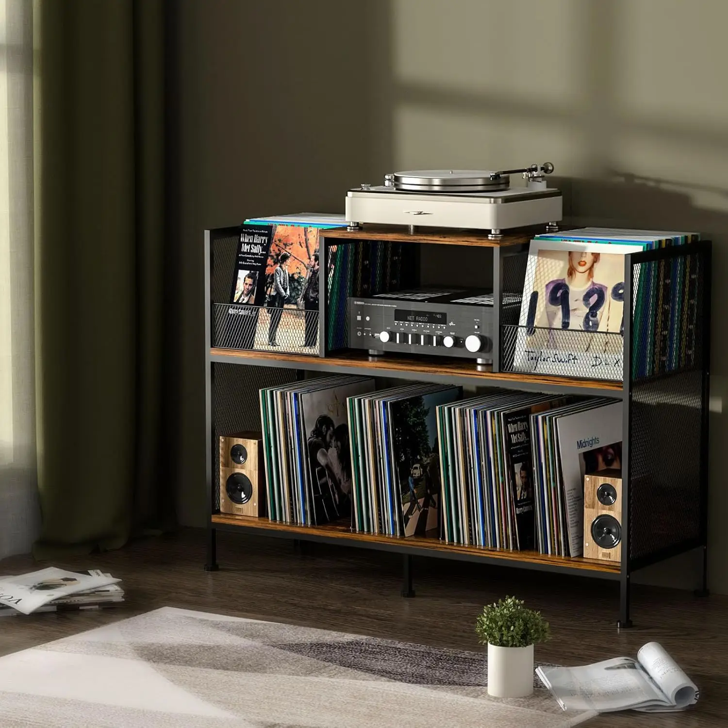 Two-sided record player table Vintage vinyl record storage rack Brown three-layer record player rack