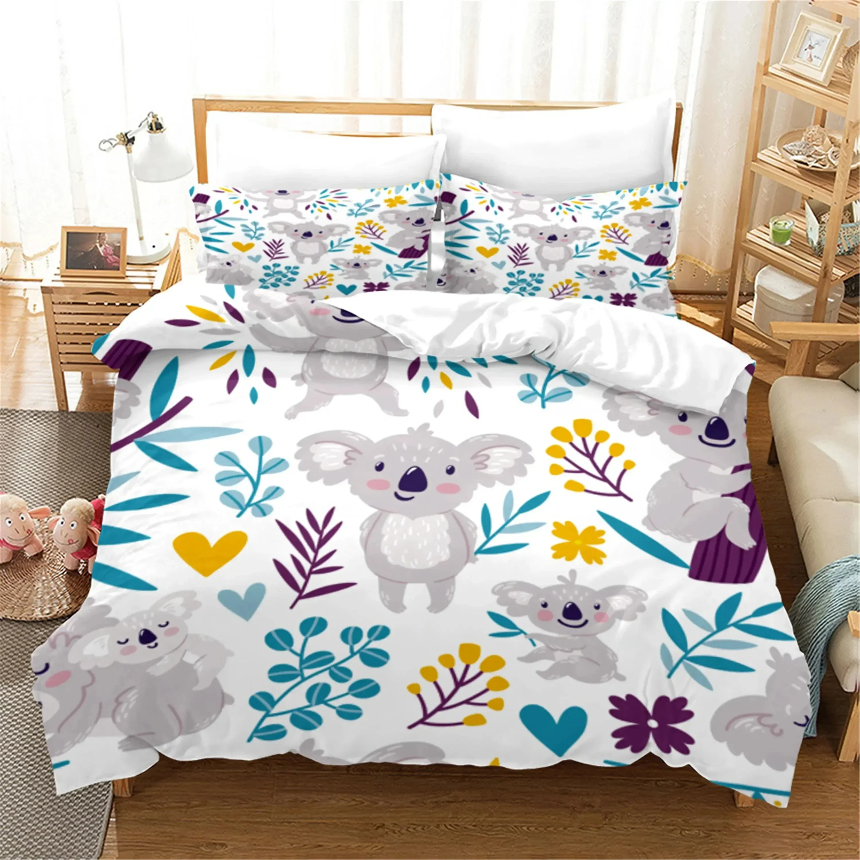 Cartoon Koala Duvet Cover King Queen Lovely Animal Bedding Set for Kids Teens Adults Wildlife Quilt Cover with Pillowcase 23PCS