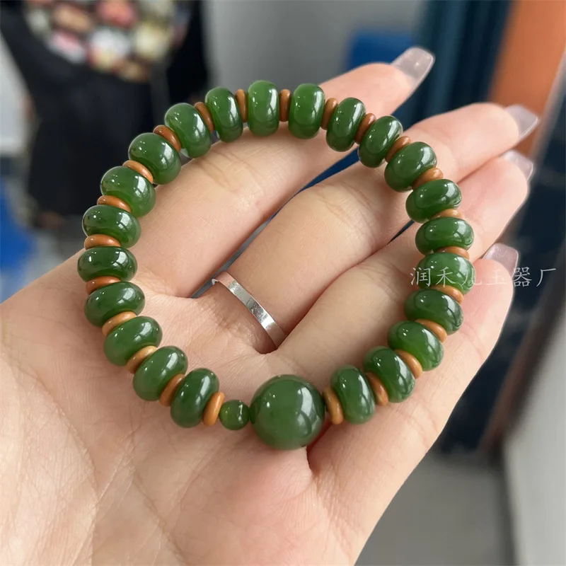 Hetian Jadeite Zhengyang Abacus Bead Bracelet With Full Green Peace Beads 10Mm, No Black Spots