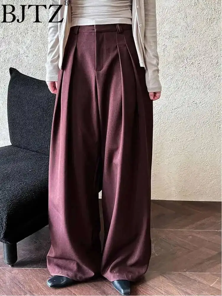 

BJTZ винно-красные короткие плиссированные длинные широкие элегантные брюки с высокой талией, новые брюки, женские модные брюки, весна-осень 2024