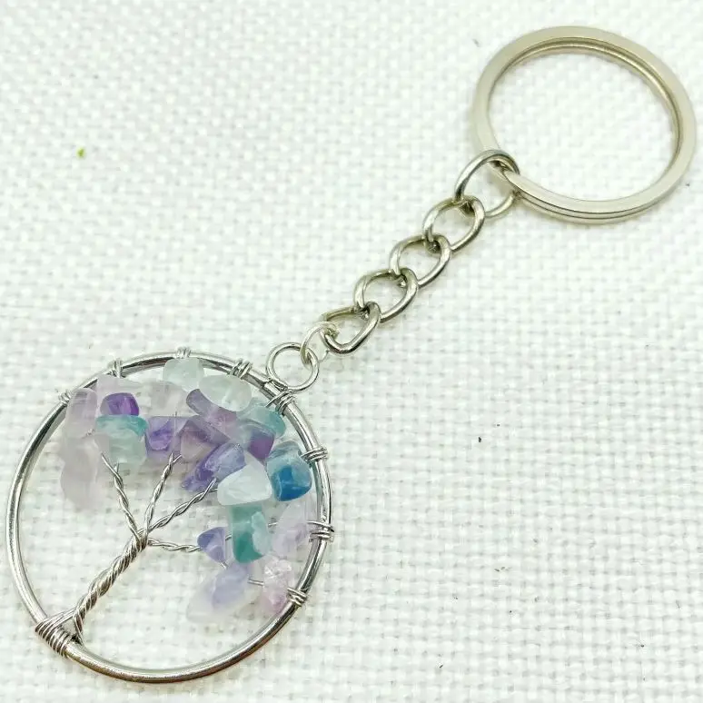 Hot Selling Natural Gem Stone Crystal Quartz fluorite lapis amethyst 7 Chakra Round 30MM Life Of Tree Pendant Keychain Chain