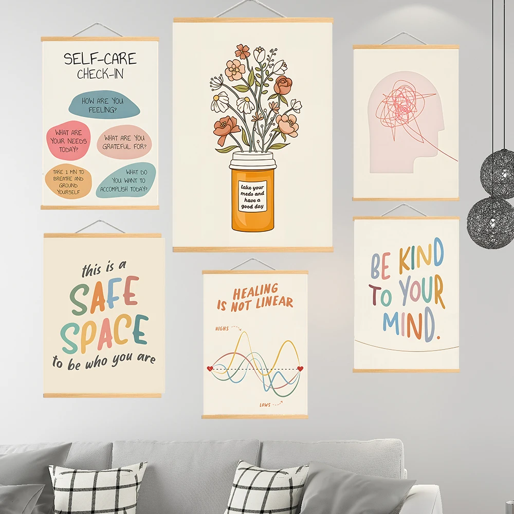 Mental Health Therapy Counseling Solid Wood Hanging Canvas Painting, Artwork For Therapist Office Or Counseling Rooms Decoration