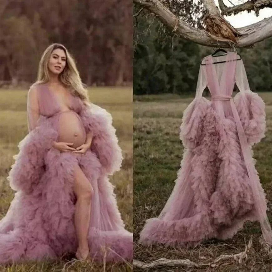 Szaty ciążowe szal ślubny kobiety w ciąży seksowny tiulowy szlafrok sukienki sesja zdjęciowa Party puszyste suknie na Baby Shower niestandardowe